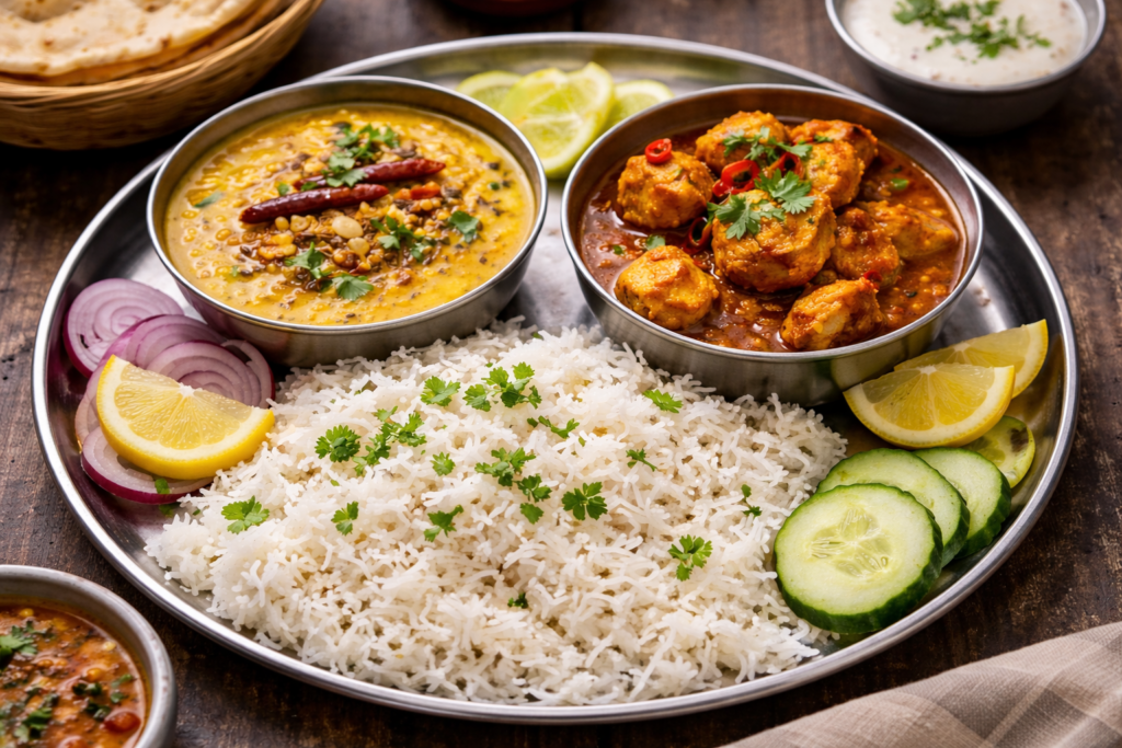 Easy Indian dinner recipes — dal tadka chicken curry and rice served on a plate 2